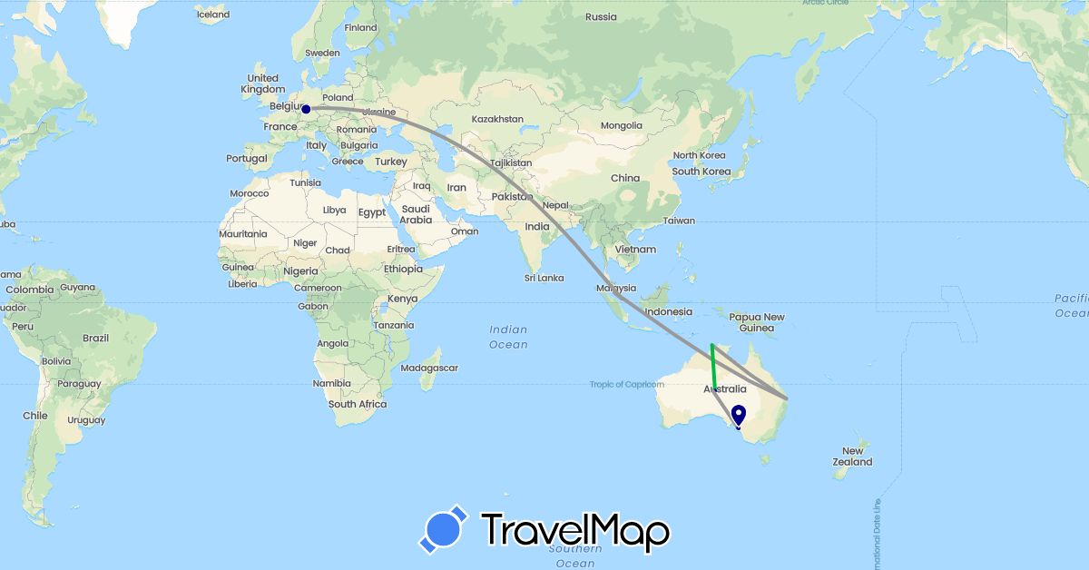 TravelMap itinerary: driving, bus, plane in Australia, Germany, Malaysia, Singapore (Asia, Europe, Oceania)